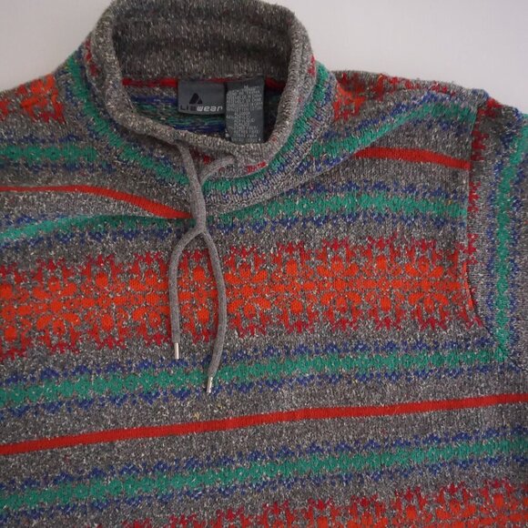 Vintage '90S Lizwear Grey Knit w Red Green Cotton Blend Mockneck Sweater M - Picture 10 of 11